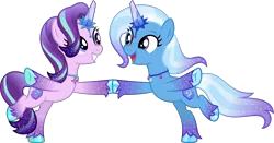 Size: 6109x3200 | Tagged: safe, alternate version, artist:limedazzle, derpibooru import, starlight glimmer, trixie, pony, g5, auroricorn, crystal horn, dancing, glitter, grin, happy, horn, image, open mouth, open smile, png, race swap, simple background, smiling, transparent background, unshorn fetlocks