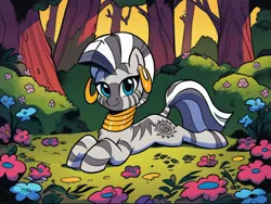 Size: 1920x1440 | Tagged: safe, ai content, derpibooru import, machine learning generated, zecora, pony, zebra, bush, ear piercing, earring, female, flower, forest, g4, generator:pony diffusion v6 xl, grass, image, jewelry, jpeg, looking at you, lying down, mare, meadow, nature, neck rings, piercing, prompter:siber, prone, smiling, smiling at you, solo, tree