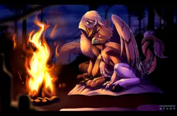 Size: 2447x1604 | Tagged: safe, artist:meowcephei, derpibooru import, oc, oc:gwent, oc:steel wing, gryphon, hippogriff, campfire, camping, commission, cuddling, fire, forest, forest background, griffon oc, hippogriff oc, image, nature, png, tree