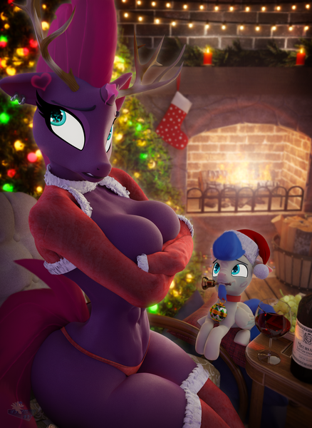 Size: 2800x3840 | Tagged: questionable, artist:hooves-art, derpibooru import, tempest shadow, oc, oc:hooves-art, anthro, art pack:santa's little hoes, 3d, 4k, anthro with ponies, art pack, breasts, busty tempest shadow, christmas, christmas stocking, christmas tree, clothes, covering, covering breasts, duo, duo male and female, female, feral, fire, fireplace, high res, holiday, image, kiss mark, lipstick, male, panties, png, size difference, socks, stockings, thigh highs, tree, underwear