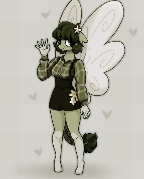 Size: 1492x1855 | Tagged: safe, artist:_alixxie_, derpibooru import, oc, oc:cora, unofficial characters only, anthro, flutter pony, unguligrade anthro, female, flower, flower in hair, green background, image, jpeg, simple background, smiling, solo, waving