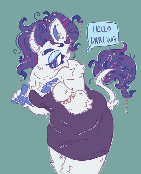 Size: 1201x1481 | Tagged: safe, artist:tottallytoby, derpibooru import, rarity, anthro, unicorn, bracelet, clothes, curved horn, darling, dress, finger hooves, horn, image, jewelry, leonine tail, png, simple background, solo, speech bubble, tail, teal background