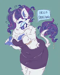 Size: 1201x1481 | Tagged: safe, artist:tottallytoby, derpibooru import, rarity, anthro, unicorn, bracelet, clothes, curved horn, darling, dress, finger hooves, horn, image, jewelry, leonine tail, png, simple background, solo, speech bubble, tail, teal background