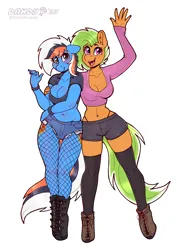 Size: 4770x6741 | Tagged: suggestive, artist:dandy, derpibooru import, oc, unofficial characters only, anthro, earth pony, unguligrade anthro, absurd resolution, belly button, blushing, boots, breasts, cleavage, clothes, commission, cute, denim, denim shorts, duo, duo female, earth pony oc, eyebrows, eyebrows visible through hair, female, fishnets, image, looking at you, open mouth, open smile, panties, png, shoes, short shirt, shorts, simple background, smiling, smiling at you, socks, stockings, thigh highs, thong, underwear, waving, white background, wristband
