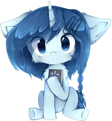 Size: 1840x1985 | Tagged: safe, artist:m4quille, derpibooru import, oc, oc:sapphire shimmers, unofficial characters only, pony, unicorn, derpibooru community collaboration, 2024 community collab, blue eyes, braid, derpibooru exclusive, eye clipping through hair, female, horn, image, journal, mare, paperclip, png, simple background, solo, transparent background, unicorn oc