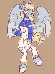 Size: 1017x1362 | Tagged: safe, artist:tottallytoby, derpibooru import, derpy hooves, anthro, pegasus, unguligrade anthro, brown background, clothes, finger hooves, image, overalls, png, simple background, solo