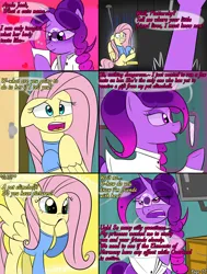 Size: 2000x2643 | Tagged: suggestive, artist:bestponies, derpibooru import, fluttershy, oc, oc:violet drop, goo, goo pony, monster pony, original species, pegasus, pony, comic:nurses take over, clothes, comic, comic panel, dialogue, eyes closed, female, g4, hospital, image, jpeg, magic, mare, open mouth, picture, sitting, speech bubble, telekinesis