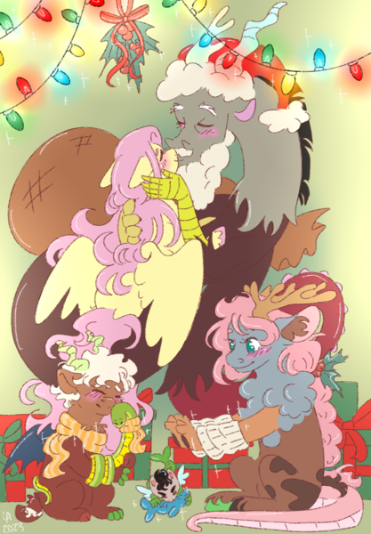 Size: 3280x4720 | Tagged: safe, artist:labrony12, derpibooru import, discord, fluttershy, hybrid, snake, 2023, animated, antlers, baby, beard, blushing, bow, christmas, christmas lights, clothes, discoshy, eyes closed, facial hair, family, female, hat, holiday, image, interspecies, interspecies offspring, kissing, male, mistletoe, offspring, parent:discord, parent:fluttershy, parents:discoshy, png, present, santa hat, scarf, shipping, straight, toy, wings