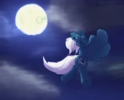 Size: 2000x1612 | Tagged: safe, artist:gosha305, derpibooru import, night glider, pegasus, pony, background pony, blue background, blue eyes, chest fluff, cloud, ear fluff, female, fluffy, flying, head tilt, image, mare, moon, moonlight, night, night sky, png, simple background, sky, smiling, solo, spread wings, stars, tail, underhoof, upside down, wings