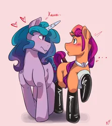 Size: 4000x4500 | Tagged: safe, artist:nanazdina, derpibooru import, izzy moonbow, sunny starscout, earth pony, pony, unicorn, g5, clothes, female, floating heart, heart, hoof on chest, image, izzyscout, latex, latex socks, lesbian, looking at each other, looking at someone, mare, png, shipping, socks