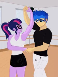 Size: 3000x4000 | Tagged: safe, artist:alkabiadiz, derpibooru import, flash sentry, sci-twi, twilight sparkle, equestria girls, dancing, fanart, female, flashlight, image, looking at each other, looking at someone, male, png, romance, ship:sci-flash, shipping, smiling, smiling at each other, straight