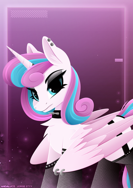 Size: 1529x2160 | Tagged: safe, artist:andaluce, artist:jorge-styx, derpibooru import, princess flurry heart, alicorn, pony, clothes, collar, edgy, emo, female, gritted teeth, horn, horn ring, image, jewelry, large wings, lineless, mare, older, older flurry heart, partially open wings, piercing, png, princess emo heart, ring, socks, solo, spiked collar, teeth, wings