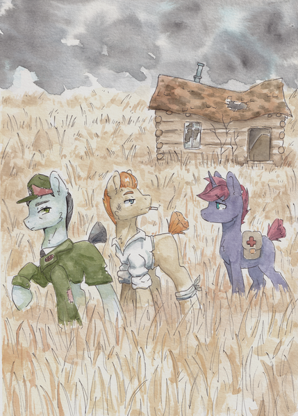 Size: 4251x5946 | Tagged: safe, artist:lightisanasshole, derpibooru import, oc, oc:blazin glory, oc:night stoker, oc:verbose maxim, unofficial characters only, earth pony, pony, unicorn, equestria at war mod, abandoned, absurd resolution, bag, bandage, broken, bruised, cigar, cigarette, clothes, cloud, cloudy, dark, field, house, image, looking back, male, medic, medical saddlebag, military, military uniform, png, serious, serious face, traditional art, uniform, war, watercolor painting, window