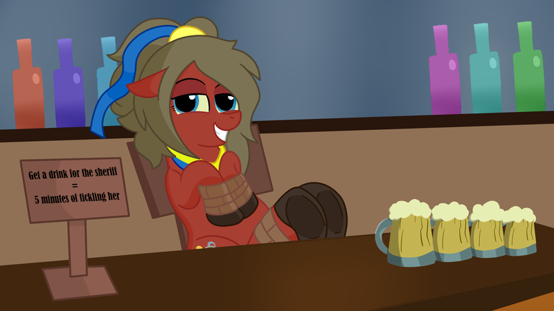 Size: 1920x1080 | Tagged: suggestive, artist:thebrony700, derpibooru import, oc, oc:disco hooch, oc:tango spirits, earth pony, alcohol, bandana, bar, beer, bondage, bottle, bound, chair, drink, earth pony oc, fetish, hoof fetish, hooves on the table, hooves to the chest, hooves together, image, imminent tickles, mug, png, ponytail, presenting, ribbon, rule 63, sign, text, tickle fetish, tickling, tied up