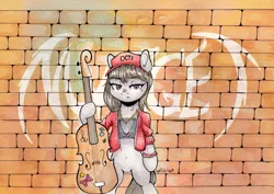 Size: 6488x4601 | Tagged: safe, artist:lightisanasshole, derpibooru import, octavia melody, earth pony, pony, bipedal, bipedal leaning, bracelet, cello, clothes, cool, graffiti, hat, image, jewelry, leaning, looking at you, music notes, musical instrument, necklace, octavia is not amused, png, serious, serious face, short shirt, solo, sticker, text, traditional art, unamused, wall, watercolor painting