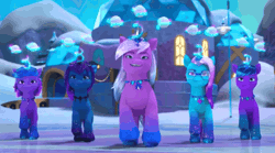 Size: 1288x718 | Tagged: safe, derpibooru import, screencap, pony, g5, my little pony: make your mark, spoiler:g5, spoiler:my little pony: make your mark, spoiler:my little pony: make your mark chapter 6, spoiler:mymc06e04, animated, auroricorn, comet (g5), crystal horn, eyeshadow, female, gif, grin, hoof polish, horn, image, jewelry, levitation, magic, makeup, male, marching, mare, my little pony: make your mark chapter 6, necklace, secrets of starlight, smiling, snow, snowball, sparkles, sparkly mane, sparkly tail, stallion, tail, telekinesis, violet frost