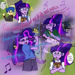 Size: 622x621 | Tagged: safe, artist:indigohatetrain, derpibooru import, flash sentry, sci-twi, twilight sparkle, equestria girls, equestria girls series, commission, dancing, distracted, female, flashlight, g4, image, jpeg, male, ship:sci-flash, shipping, singing, straight, studying