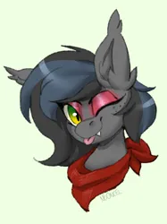 Size: 2024x2706 | Tagged: safe, artist:neoncel, derpibooru import, oc, oc:notde, unofficial characters only, bat pony, pony, bat pony oc, bat wings, bust, clothes, eyeshadow, fangs, female, freckles, icon, image, jpeg, makeup, mare, mlem, one eye closed, portrait, scarf, silly, solo, tongue out, wings, wink