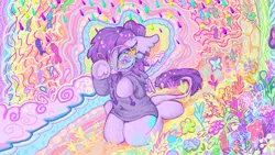 Size: 2048x1152 | Tagged: safe, artist:larvaecandy, derpibooru import, oc, oc:vylet, unofficial characters only, butterfly, fish, insect, pegasus, pony, album cover, clothes, colorful, high res, hoodie, i was the loner of paradise valley, image, jpeg, kneeling, leonine tail, pegasus oc, psychedelic, rain, solo, tail, vylet pony, wingding eyes, wings