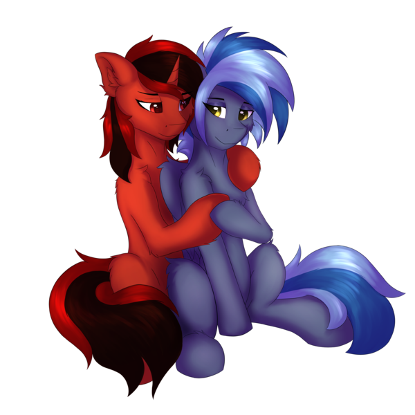 Size: 5000x5000 | Tagged: safe, artist:flapstune, derpibooru import, oc, oc:flaps tune, oc:pixi feather, unofficial characters only, pony, derpibooru community collaboration, 2024 community collab, eyeshadow, female, hug, image, looking at each other, looking at someone, makeup, mare, png, simple background, sitting, smiling, transparent background, wings