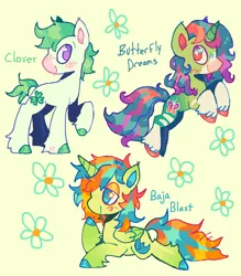 Size: 1600x1828 | Tagged: safe, artist:peskypawz, derpibooru import, oc, oc:baja blast, oc:butterfly dreams, oc:clover, unofficial characters only, alicorn, earth pony, pony, unicorn, alicorn oc, earth pony oc, flower, horn, image, male, png, trans male, transgender, unicorn oc, wings