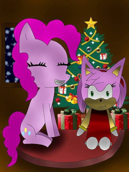 Size: 768x1024 | Tagged: safe, artist:alan-the-animeartist, derpibooru import, pinkie pie, earth pony, amy rose, christmas, christmas star, christmas tree, eyes closed, female, g4, holiday, image, jpeg, plushie, solo, sonic the hedgehog (series), tree