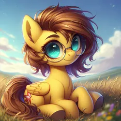 Size: 1524x1524 | Tagged: prompter needed, safe, ai content, derpibooru import, machine learning generated, oc, oc:yuris, unofficial characters only, pegasus, pony, derpibooru exclusive, ears up, female, field, freckles, glasses, grass, image, jpeg, looking at you, sitting, smiling, smiling at you, solo