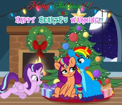 Size: 7680x6650 | Tagged: safe, artist:shieldwingarmorofgod, derpibooru import, starlight glimmer, sunny starscout, oc, oc:shield wing, alicorn, earth pony, pony, unicorn, g5, alicornified, christmas, christmas tree, female, g4, g5 to g4, generation leap, hearth's warming, holiday, image, male, mare, moon, night, ornaments, png, present, race swap, species swap, stallion, starlicorn, stars, tree, trio, wreath, xk-class end-of-the-world scenario