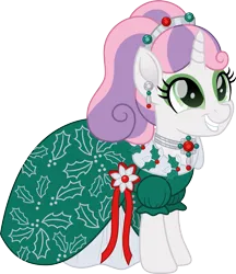 Size: 1385x1600 | Tagged: safe, artist:cloudy glow, derpibooru import, sweetie belle, unicorn, 1995, barbie, clothes, dress, eyeshadow, female, holiday, holiday barbie, image, makeup, png, simple background, smiling, solo, transparent background