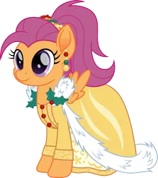 Size: 1424x1600 | Tagged: safe, artist:cloudy glow, derpibooru import, scootaloo, pegasus, pony, 1994, barbie, clothes, dress, female, g4, holiday, holiday barbie, image, mistletoe, png, ponytail, simple background, smiling, solo, transparent background