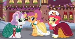 Size: 3053x1600 | Tagged: safe, artist:cloudy glow, derpibooru import, apple bloom, scootaloo, sweetie belle, earth pony, pegasus, pony, unicorn, barbie, christmas, clothes, cutie mark crusaders, dress, female, g4, hat, holiday, holiday barbie, image, png, ponytail, ponyville, smiling, trio, trio female, winter, winter hat