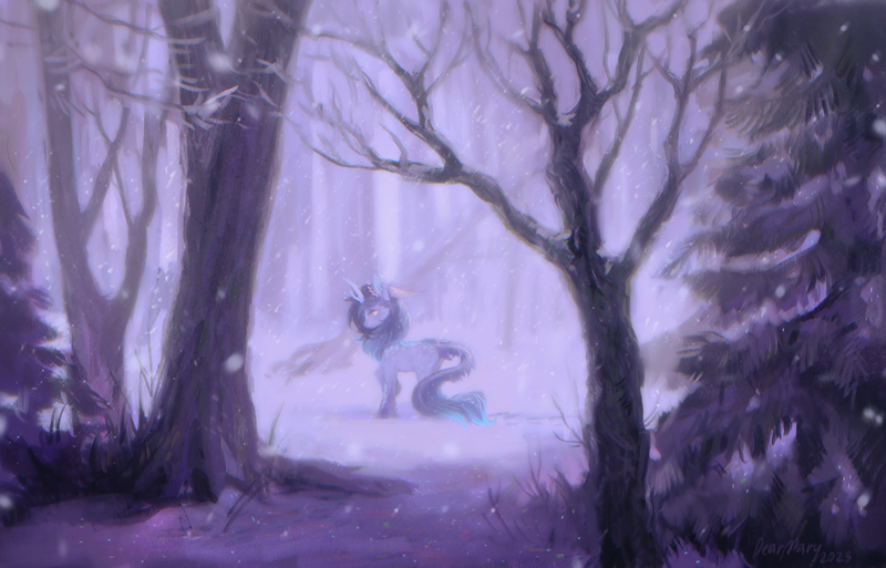 Size: 3627x2325 | Tagged: safe, artist:dearmary, derpibooru import, oc, oc:tundra, unofficial characters only, kirin, forest, image, kirin oc, nature, png, quadrupedal, scenery, snow, solo, tree, winter