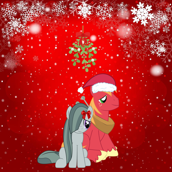 Size: 999x999 | Tagged: safe, artist:sketchmcreations, derpibooru import, big macintosh, marble pie, earth pony, pony, christmas, cute, duo, female, freckles, hat, hearth's warming, holiday, image, male, marblebetes, marblemac, mare, mistletoe, png, ribbon, santa hat, shipping, smiling, stallion, straight