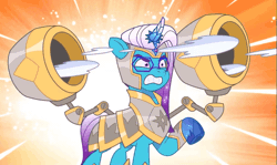 Size: 1806x1076 | Tagged: safe, derpibooru import, pony, g5, my little pony: tell your tale, 2d, animated, armor, auroricorn, autocannon, cannon, cartoon, comet (g5), epic, gif, glasses, image, male, snow, snow business like show business, snowball, solo, stallion, unshorn fetlocks