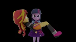 Size: 3840x2160 | Tagged: suggestive, artist:ennddy, derpibooru import, sunset shimmer, twilight sparkle, human, equestria girls, 3d, angry, arm behind back, black background, bondage, boots, bridal carry, carrying, clothes, duo, g4, gag, high heel boots, image, jacket, png, shirt, shoes, simple background, skirt, tape, tape bondage, tape gag, tied up