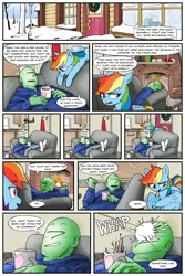 Size: 2400x3600 | Tagged: safe, artist:mobius_, artist:redruin01, derpibooru import, rainbow dash, oc, oc:anon, human, pegasus, pony, comic:dashing through the snow, chocolate, christmas, clothes, colored, comic, couch, cuddling, cute, fireplace, food, g4, hearth's warming, hearth's warming eve, holiday, hoodie, hot chocolate, human on pony petting, human on pony snuggling, image, petting, playing, png, snow, snowball, snowball fight, snuggling, tomboy