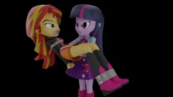 Size: 3840x2160 | Tagged: suggestive, artist:ennddy, derpibooru import, sunset shimmer, twilight sparkle, human, equestria girls, 3d, angry, arm behind back, black background, bondage, boots, bridal carry, carrying, clothes, duo, g4, gag, high heel boots, image, jacket, png, shirt, shoes, simple background, skirt, tape, tape bondage, tape gag, tied up