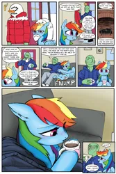 Size: 2400x3600 | Tagged: safe, artist:mobius_, artist:redruin01, derpibooru import, rainbow dash, oc, oc:anon, human, pegasus, pony, comic:dashing through the snow, adorable face, blushing, chocolate, clothes, colored, comic, couch, cuddling, cute, fireplace, food, g4, hearth's warming, hearth's warming eve, holiday, hoodie, hot chocolate, human on pony petting, human on pony snuggling, image, petting, playing, png, snow, snowall fight, snowball, snuggling, tomboy