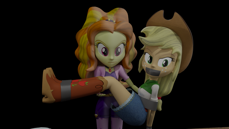 Size: 3840x2160 | Tagged: suggestive, artist:ennddy, derpibooru import, adagio dazzle, applejack, human, equestria girls, 3d, angry, antagonist, arm behind back, black background, bondage, boots, bridal carry, carrying, clothes, cowboy boots, damsel in distress, duo, g4, gag, high heel boots, image, kidnapped, png, shoes, simple background, tape, tape bondage, tape gag, tied up