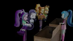 Size: 3840x2160 | Tagged: suggestive, artist:ennddy, derpibooru import, adagio dazzle, applejack, aria blaze, rarity, sonata dusk, human, equestria girls, 3d, angry, antagonist, arm behind back, black background, bondage, boots, box, bridal carry, cardboard box, carrying, clothes, cowboy boots, damsel in distress, g4, gag, high heel boots, image, kidnapped, png, shoes, simple background, tape, tape bondage, tape gag, the dazzlings, tied up, worried