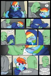 Size: 2400x3600 | Tagged: safe, artist:mobius_, artist:redruin01, derpibooru import, rainbow dash, oc, oc:anon, human, pegasus, pony, comic:dashing through the snow, adorable face, blushing, chest fluff, chocolate, clothes, colored, comic, couch, cuddling, cute, fireplace, flustered, food, g4, hearth's warming, hearth's warming eve, holiday, hoodie, hot chocolate, human on pony petting, human on pony snuggling, image, love, loving gaze, nuzzling, petting, playing, png, snuggling, tomboy, warm