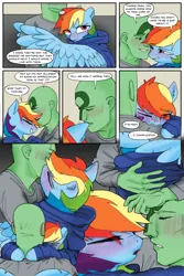 Size: 2400x3600 | Tagged: safe, artist:mobius_, artist:redruin01, derpibooru import, rainbow dash, oc, oc:anon, human, pegasus, pony, comic:dashing through the snow, adorable face, blushing, clothes, colored, comic, couch, cuddling, cute, excited, flustered, g4, hearth's warming, hearth's warming eve, holiday, hoodie, hug, human on pony petting, human on pony snuggling, image, kiss on the cheek, kissing, love, loving gaze, nibbling, nuzzling, petting, playing, png, snuggling, spread wings, squirming, tomboy, warm, winghug, wings