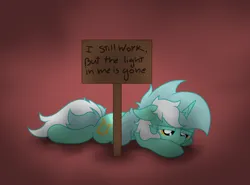 Size: 3434x2546 | Tagged: safe, artist:background basset, derpibooru import, lyra heartstrings, pony, unicorn, depressed, depression, edgy, female, frown, high res, image, lying down, mare, png, prone, sign, simple background, solo, sploot, text