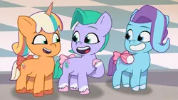 Size: 3072x1727 | Tagged: safe, derpibooru import, screencap, earth pony, pegasus, pony, unicorn, g5, my little pony: tell your tale, spoiler:g5, spoiler:my little pony: tell your tale, spoiler:tyts01e70, female, filly, foal, glory (g5), grin, image, jpeg, open mouth, open smile, peach fizz, pippsqueak trio, seashell (g5), smiling, snow business like show business, trio, trio female