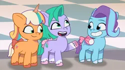 Size: 3072x1727 | Tagged: safe, derpibooru import, screencap, earth pony, pegasus, pony, unicorn, g5, my little pony: tell your tale, spoiler:g5, spoiler:my little pony: tell your tale, spoiler:tyts01e70, female, filly, foal, glory (g5), grin, image, jpeg, open mouth, open smile, peach fizz, pippsqueak trio, seashell (g5), smiling, snow business like show business, trio, trio female