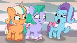 Size: 3072x1727 | Tagged: safe, derpibooru import, screencap, earth pony, pegasus, pony, unicorn, g5, my little pony: tell your tale, spoiler:g5, spoiler:my little pony: tell your tale, spoiler:tyts01e70, :o, female, filly, foal, glory (g5), image, jpeg, open mouth, peach fizz, pippsqueak trio, seashell (g5), smiling, snow business like show business, trio, trio female