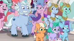 Size: 3072x1727 | Tagged: safe, derpibooru import, screencap, alphabittle (g5), cloudpuff, queen haven, rocky riff, unnamed character, dog, earth pony, pegasus, pomeranian, pony, unicorn, g5, my little pony: tell your tale, spoiler:g5, spoiler:my little pony: tell your tale, spoiler:tyts01e70, dahlia, female, flying pomeranian, glory (g5), grin, image, jpeg, male, mare, open mouth, open smile, peach fizz, pippsqueak trio, seashell (g5), smiling, snow business like show business, stallion, thunder flap, windy (g5), winged dog, zoom zephyrwing