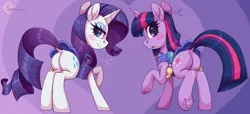Size: 3504x1596 | Tagged: suggestive, artist:moonseeker, derpibooru import, rarity, twilight sparkle, pony, unicorn, the ticket master, butt, clothes, image, lingerarity, lingerie, plot, png, saddle, tack