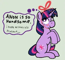Size: 987x907 | Tagged: safe, artist:cutehorseprions, derpibooru import, twilight sparkle, pony, unicorn, blushing, bow, image, implied anon, png, solo, thought bubble