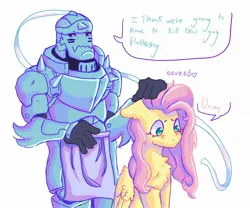 Size: 2048x1707 | Tagged: safe, artist:eeveebo0w0, derpibooru import, fluttershy, pegasus, pony, alphonse elric, anime, armor, crossover, dialogue, female, fullmetal alchemist, hand on head, i think we're gonna have to kill this guy, image, jpeg, male, mare, meme, simple background, white background